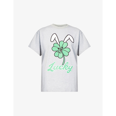 Shop Natasha Zinko Lucky Graphic-print Stretch-cotton T-shirt In Grey