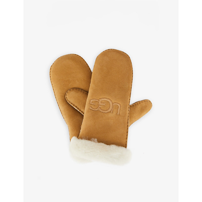 Shop Ugg Women's Chestnut Logo-embroidered Rounded Leather And Shearling Mittens