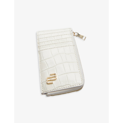 Shop Maje Selma Croc-embossed Leather Card Holder In Blanc