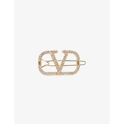 Shop Valentino Vlogo Crystal-embellished Gold-toned Brass Hairclip In Oro 18 Crystal Silver