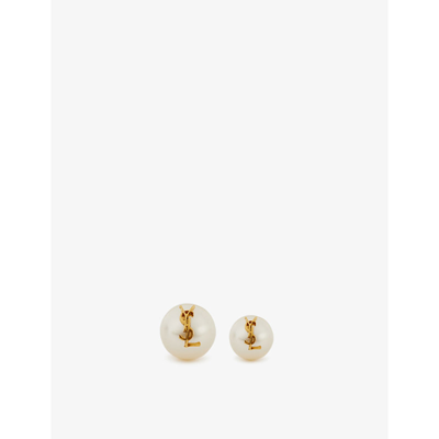 Shop Saint Laurent Women's Or Laiton/creme Monogram Gold-toned Brass Pearl Stud Earrings