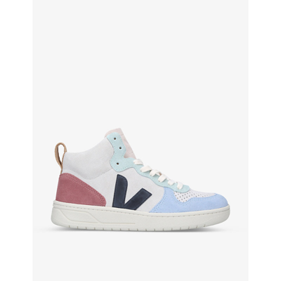 Shop Veja V-15 Leather And Suede High-top Trainers In Mult/other