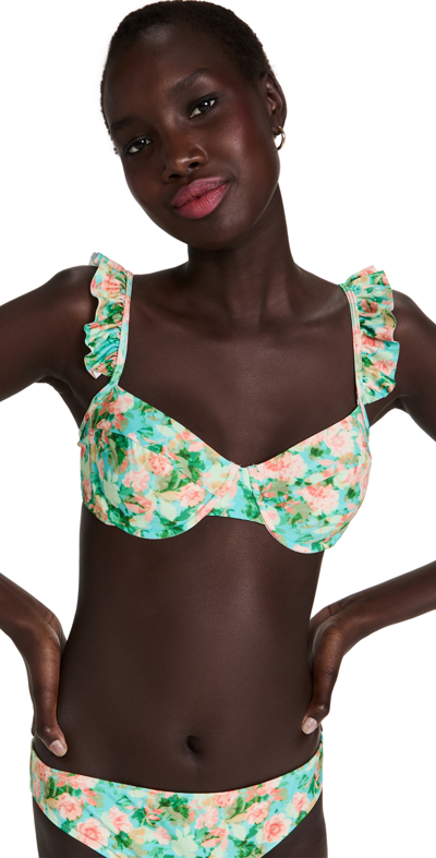 Shop Shoshanna Winged Bikini Top In Watercolor Green/coral