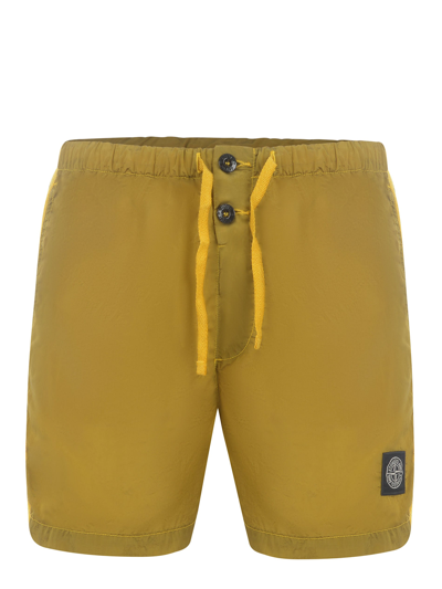 Shop Stone Island Logo Patch Drawstring Swim Shorts In Yellow