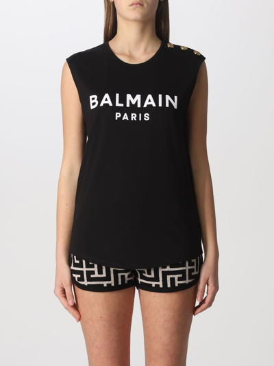 Shop Balmain Cotton Tank Top With Logo In Black