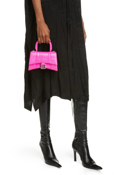 Shop Balenciaga Extra Small Hourglass Croc Embossed Leather Top Handle Bag In Lipstick Pink