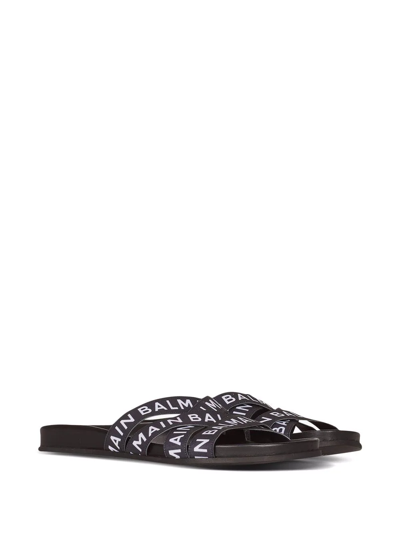 Shop Balmain Union Logo Strap Flat Sandals In Black