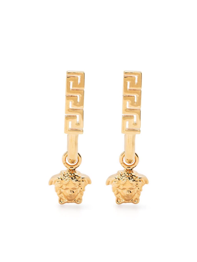Shop Versace Greca Medusa Drop Earrings In Gold