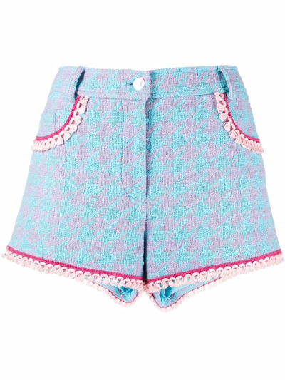 Shop Moschino Houndstooth-tweed Mini Shorts In Blue