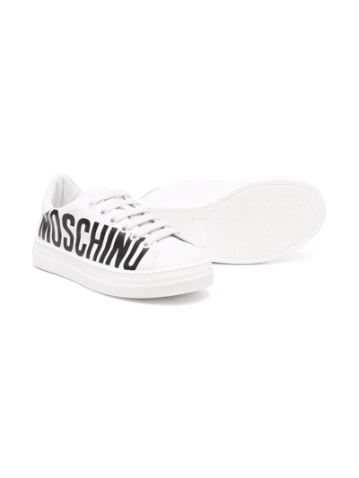 Moschino White Logo Print Leather Sneakers In White