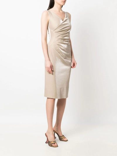 Shop Le Petite Robe Di Chiara Boni Aliki Shine-effect Ruched Midi Dress In Gold