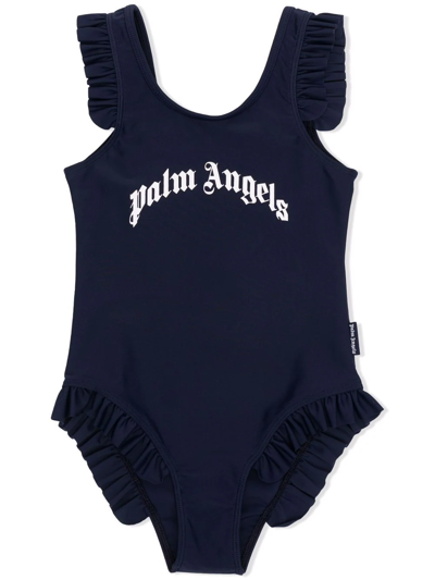 Shop Palm Angels Logo Print Ruffle Swimsuit In Blue