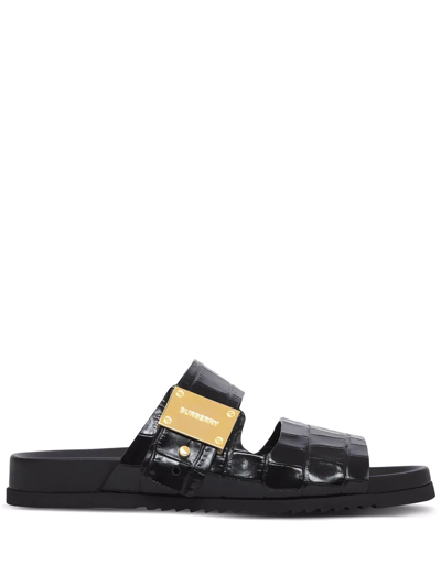 Shop Burberry Logo-plaque Crocodile-embossed Leather Sandals In Black