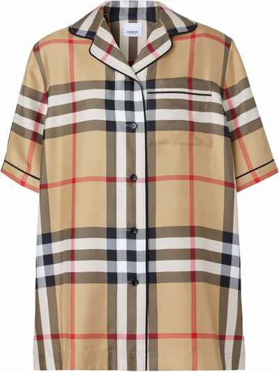 Shop Burberry Vintage Check Silk Pajama Shirt In Neutrals