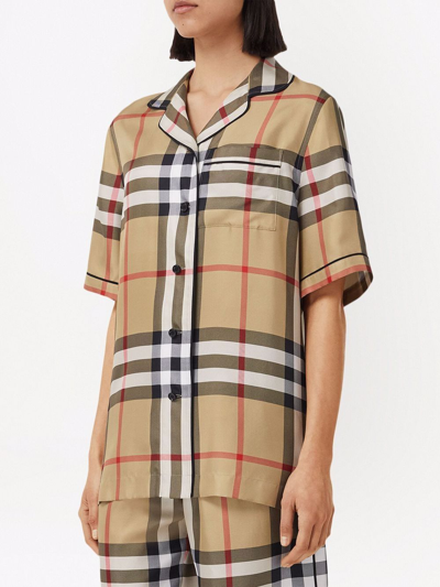 Shop Burberry Vintage Check Silk Pajama Shirt In Neutrals