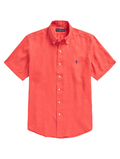 Shop Polo Ralph Lauren Men's Classic-fit Short-sleeve Linen Shirt In Racing Red