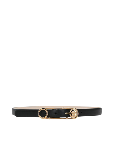 Shop Versace Safety Pin Smooth Leather Thin Belt In Black