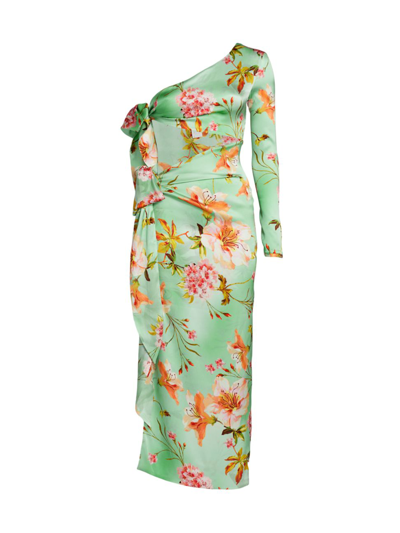 Adriana Iglesias Bruna One-shoulder Cutout Floral Silk Midi Wrap Dress In Aquamarine Garden