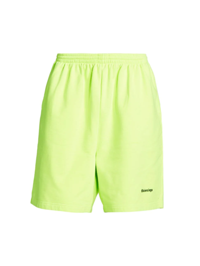 Shop Balenciaga Men's Wide-leg Logo Sweat Shorts In Fluo Yellow Black