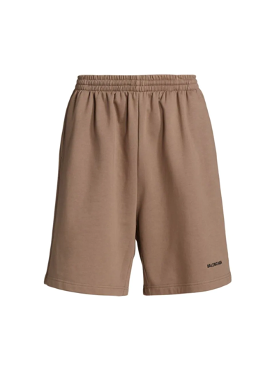 Shop Balenciaga Men's Wide-leg Logo Sweat Shorts In Taupe Black