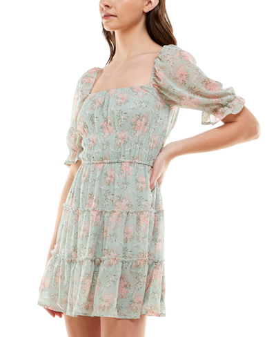 Shop Trixxi Juniors' Floral-print Tiered Dress In Green Floral