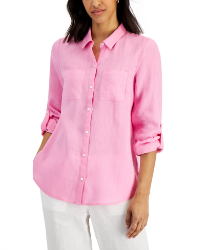 Shop Charter Club Petite 100% Linen Button-front Shirt, Created For Macy's In Bubble Bath