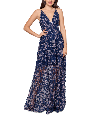 Shop Xscape 3d-floral Embroidered Fit & Flare Gown In Navy/blush