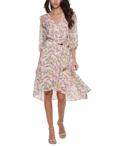 Shop Tommy Hilfiger Printed Balloon-sleeve Faux-wrap Dress In Ballerina Pink Multi