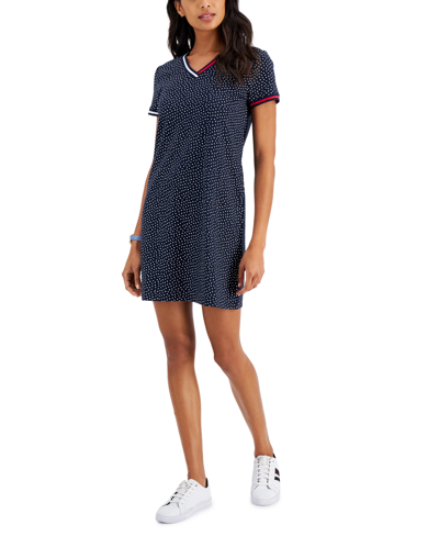 Tommy Hilfiger Women's Dot-print V-neck T-shirt Dress In Sky Captain/bright  White | ModeSens