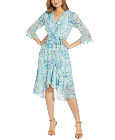 Shop Adrianna Papell Floral-print Wrap-style Cocktail Dress In Blue Multi