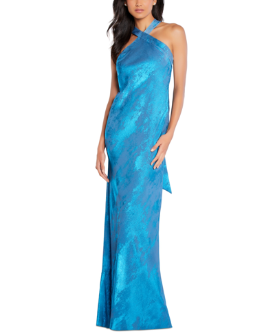 Shop Aidan Mattox Aidan By  Drape-back Halter Gown In Ocean Dream
