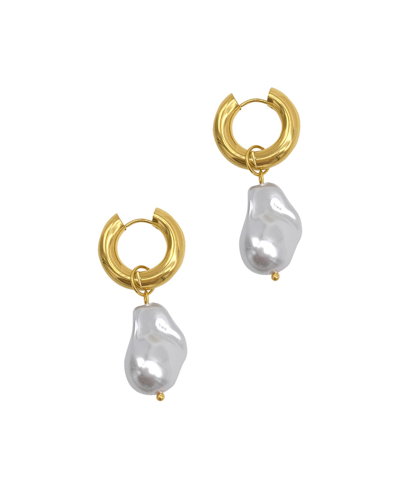 Adornia 14k Yellow Gold Plated Shell Pearl Drop Huggie Earrings In White