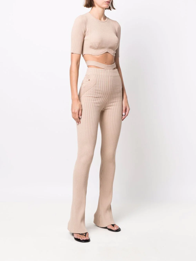 Shop Andreädamo Ribbed-knit Slim Trousers In Nude