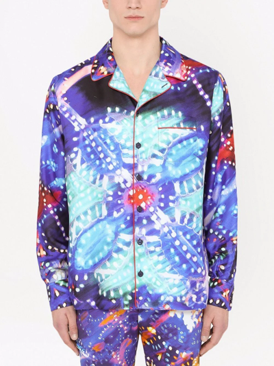 Dolce & Gabbana Multicolor Printed Silk Lounge Casual Shirt In Purple
