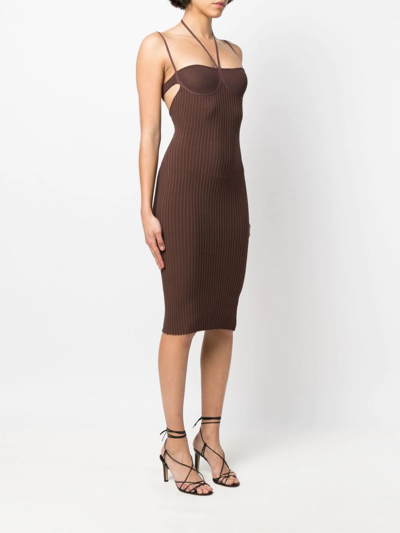 Shop Andreädamo Halterneck Fitted Dress In Brown