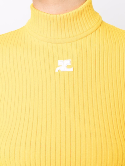 Shop Courrèges Ribbed High-neck Logo-patch Top In Yellow