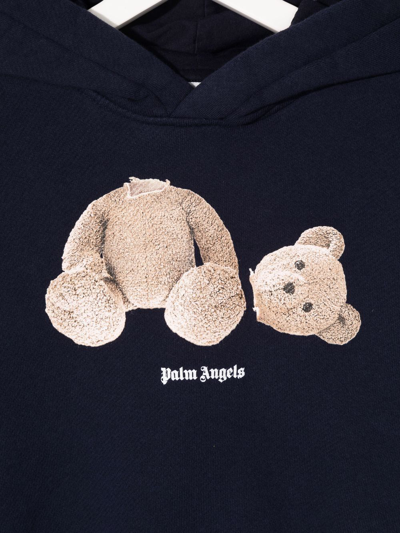 Shop Palm Angels Teddy Bear Logo-print Cotton Hoodie In Blue