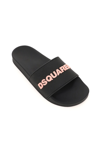 Shop Dsquared2 Logo Rubber Slides In Black,pink