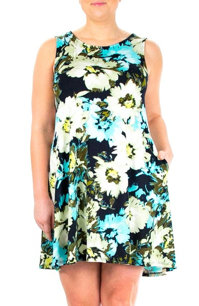 Shop Nina Leonard Scoop Neck Sleeveless Dress In Navy Multi Shadow Floral