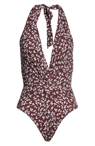 Shop Ganni Recycled Fabric One-piece Swimsuit In Decadent Chocolate 927