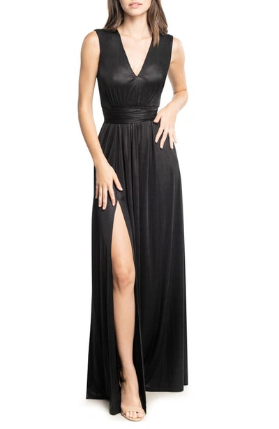 Shop Dress The Population Krista Plunge Neck Side Slit Gown In Black
