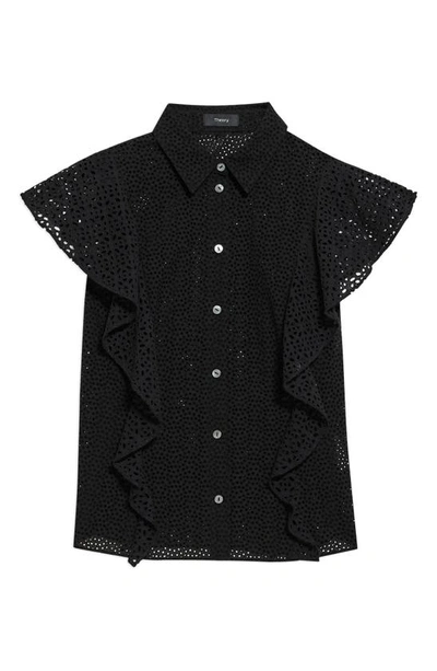 Shop Theory Nova Flutter Sleeve Eyelet Cotton Blouse In Black