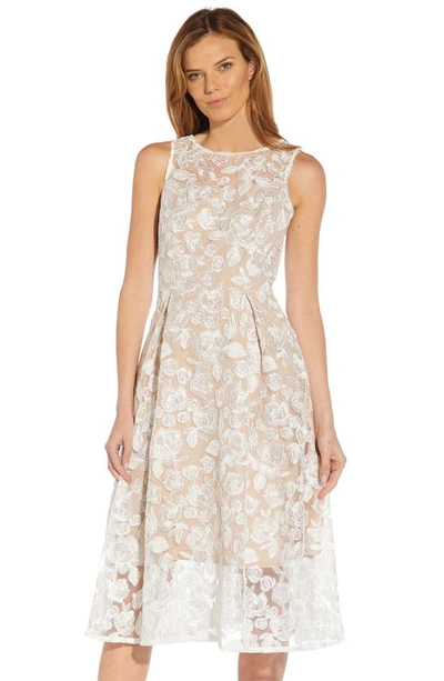Shop Adrianna Papell Floral Embroidered Fit & Flare Midi Dress In Ivory/ Bisque