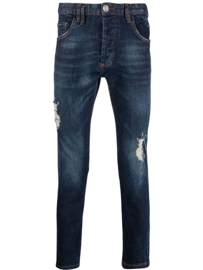 Shop Philipp Plein Distressed Blue Slim Fit Jeans