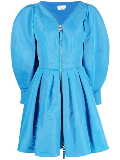 Shop Alexander Mcqueen Balloon Sleeve Light Blue Flared Dress