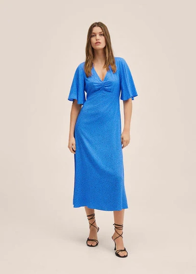 Shop Mango Printed Ruched Dress Blue