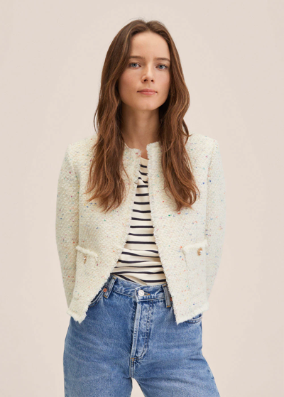 Mango Crop Tweed Jacket Ecru | ModeSens