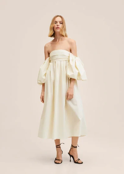 Mango Puffed Sleeves Cotton Dress Ecru | ModeSens