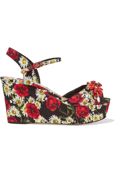 Dolce & Gabbana Wedge Sandal In Printed Brocade With Crystals In Black