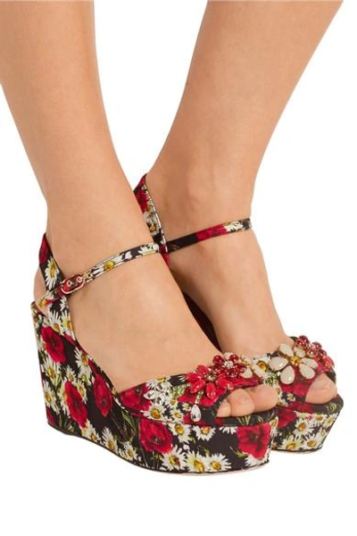 Shop Dolce & Gabbana Embellished Printed Faille Wedge Sandals